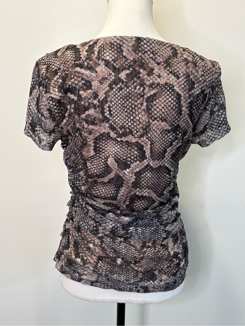 Snakeskin Print Ruched Mesh Top Bodycon Y2K Mob Wife Taupe Brown Est M - Picture 6 of 10